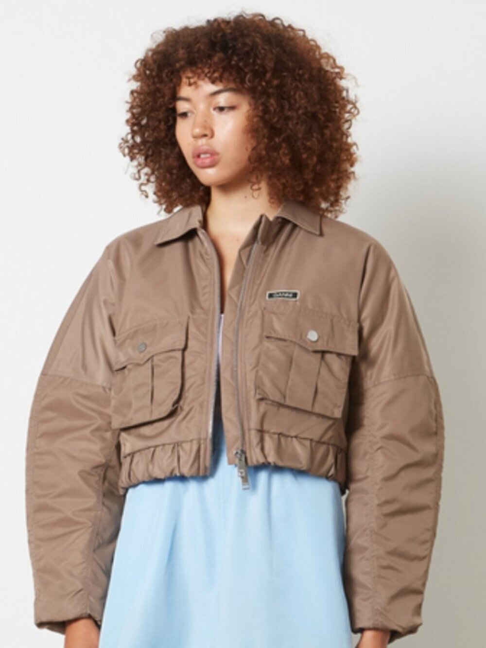 Ganni Outwear Nylon Cropped Bomber Jacket Fossil Brown Full Zip Womens 36 US 4 - Picture 2 of 8